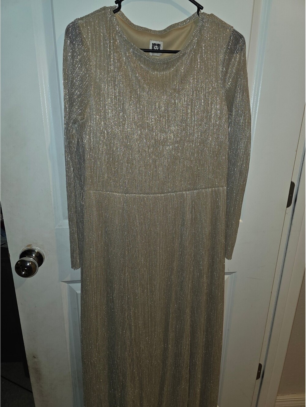Anne Klein Gold Metallic Maxi Dress, wedding guest. Long Sleeve Women Size 10